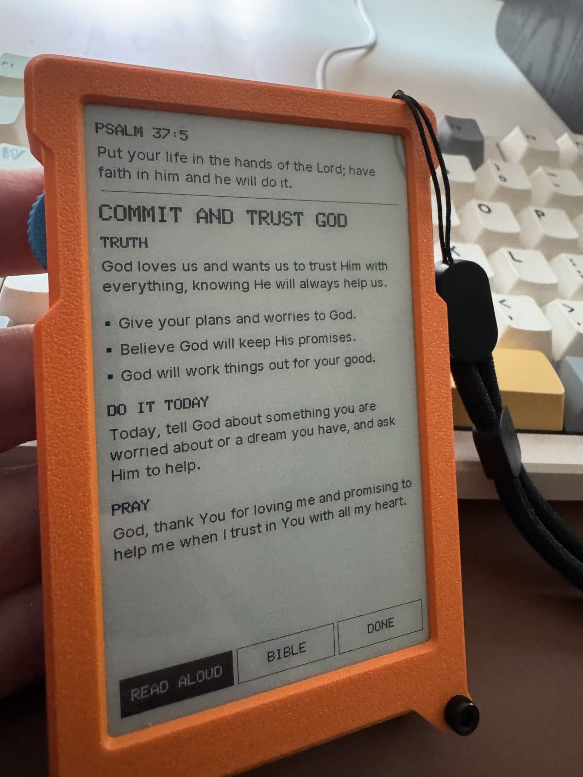 Today's devotional, with read aloud, Bible and done buttons